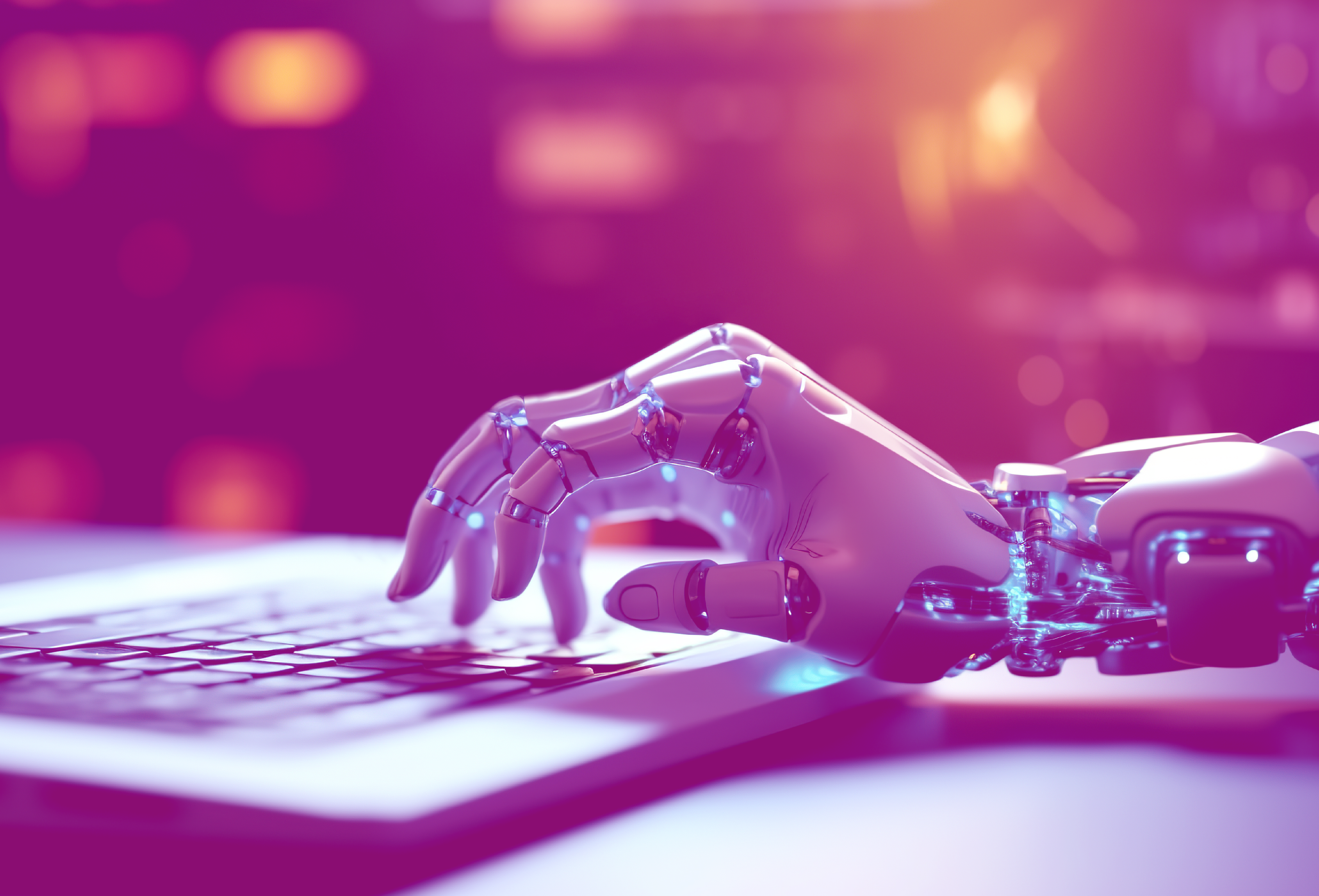 computer keyboard on desk, with futuristic AI robot hand on keyboard